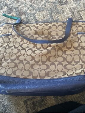 Coach Khaki Signature Canvas Tote with Navy Trim